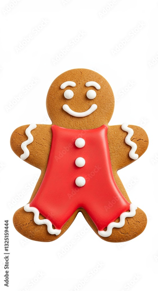 Festive gingerbread man in red icing suit isolated on white background Festive gingerbread man in red icing suit isolated on white background