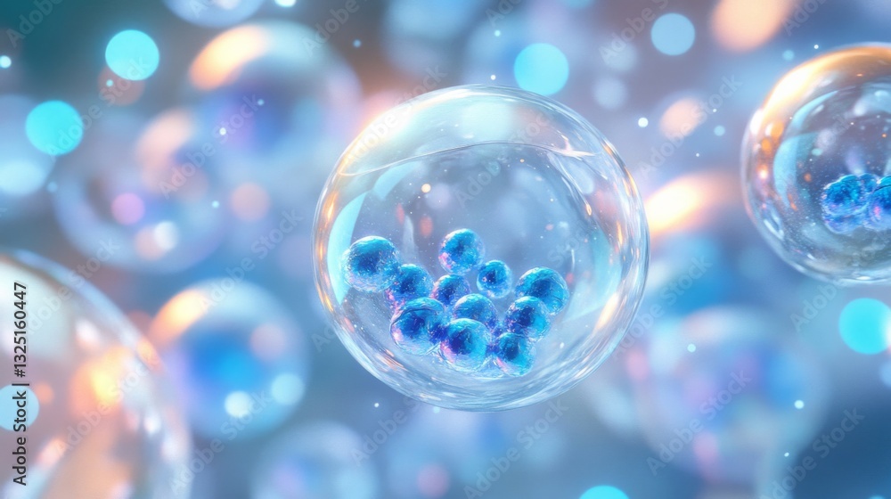 Blue Cells in Transparent Spheres, Glowing Bokeh Background Blue Cells in Transparent Spheres, Glowing Bokeh Background