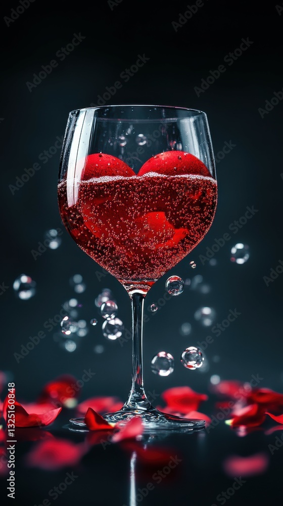 Vibrant red heart floating in a crystal-clear wine glass filled with champagne bubbles, surrounded by scattered petals, Vibrant red heart floating in a crystal-clear wine glass filled with champagne bubbles, surrounded by scattered petals,