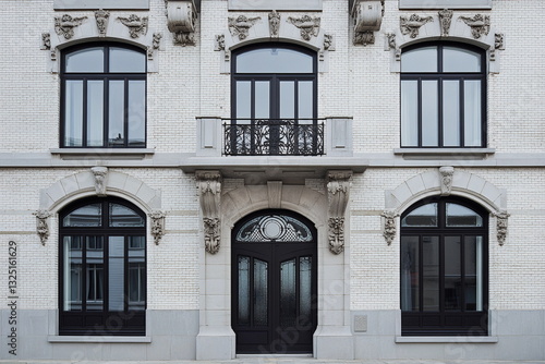 Urban architecture detail of ornate facade with sculptural elements and tall glass windows. Art Nouveau beauty in European cities.  