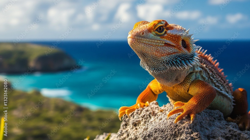 Fototapeta premium Orange Lizard on Rock Against Tropical Ocean Background