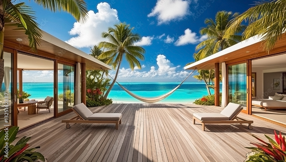 Fototapeta premium Depict a tropical beachfront house with open-concept living spaces, large wooden decks, palm trees, a hammock, and a breathtaking view of crystal-clear turquoise waters under a bright blue sky