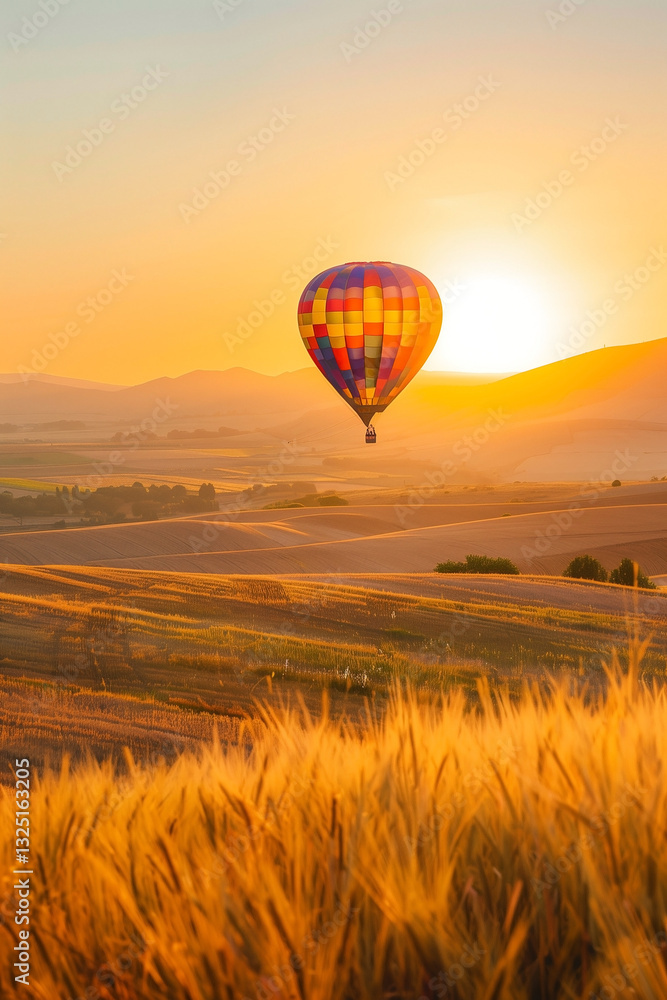 Obraz premium A vibrant hot air balloon floats gracefully over a golden wheat field during sunrise. The serene landscape and warm light create a peaceful and inspiring atmosphere, symbolizing freedom and adventure.