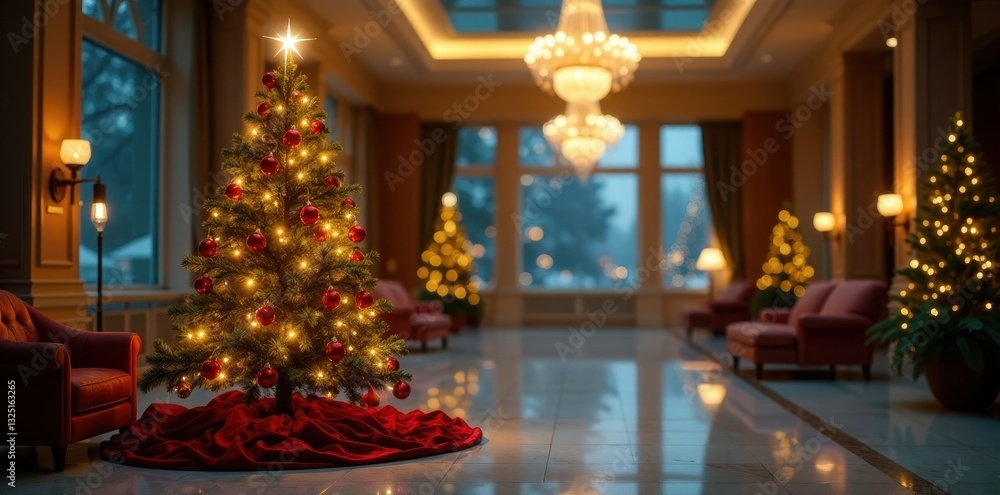 Elegant Christmas tree, shimmering lights, luxurious lobby blur, xmas, festive lights Elegant Christmas tree, shimmering lights, luxurious lobby blur, xmas, festive lights