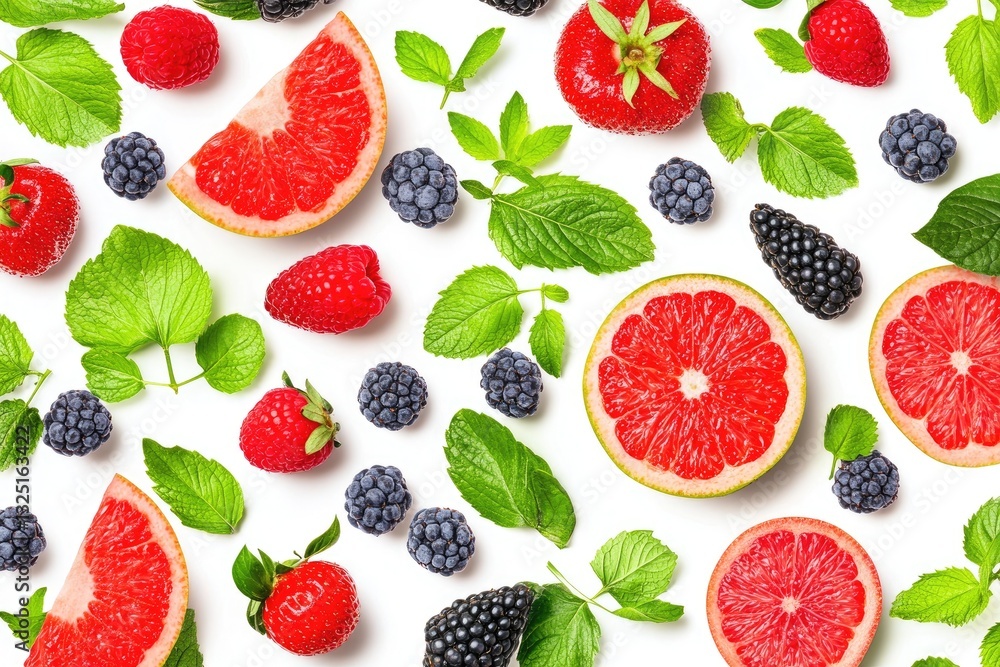 Vibrant array of fresh fruits and berries, arranged on a white background with vibrant green leaves Vibrant array of fresh fruits and berries, arranged on a white background with vibrant green leaves