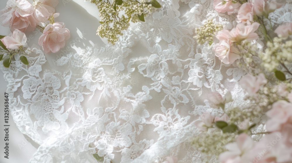 Fototapeta premium Delicate white lace adorned with soft pink and green floral elements