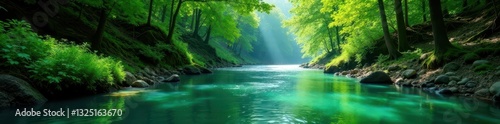 Emerald river flows through lush green forest, sunlight dappling water , trees, tranquil, riverbank