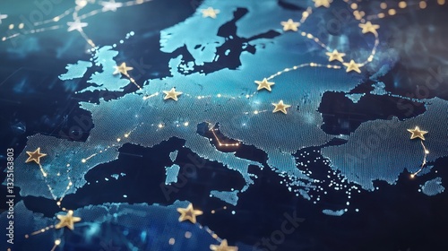 Europe map with golden stars and network connections.