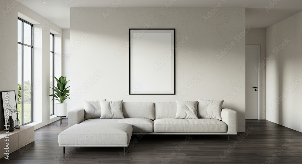 Fototapeta premium Modern minimalist living room with white sofa and blank frame on wall
