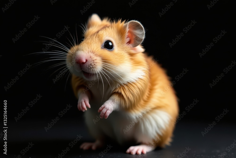 Fluffy hamster posed against stark black backdrop, isolated, animal Fluffy hamster posed against stark black backdrop, isolated, animal