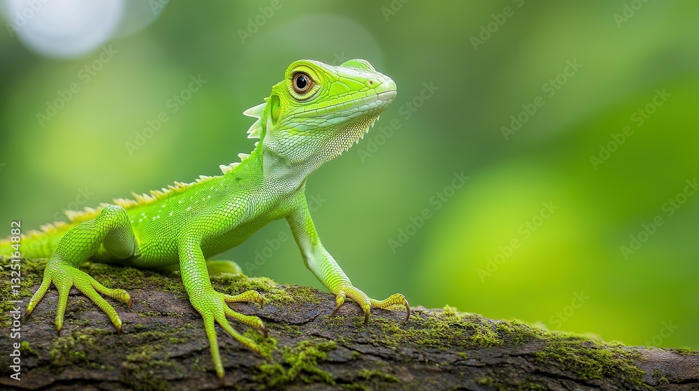 A Vibrant Green Lizard Perched Upon a Textured Wooden Branch A Vibrant Green Lizard Perched Upon a Textured Wooden Branch
