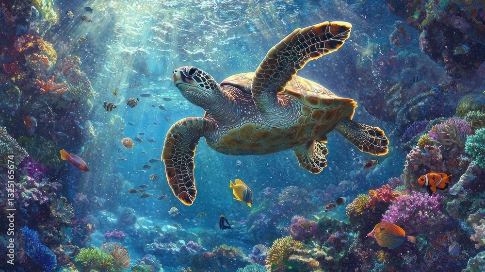 Fototapeta premium Sea turtle swimming in vibrant coral reef.