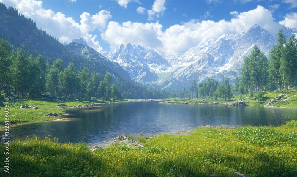 Fototapeta premium This outdoor travel scene features green grass and a mountain lake set against a forest backdrop. Additionally, there is a river with clear water and a stunning valley