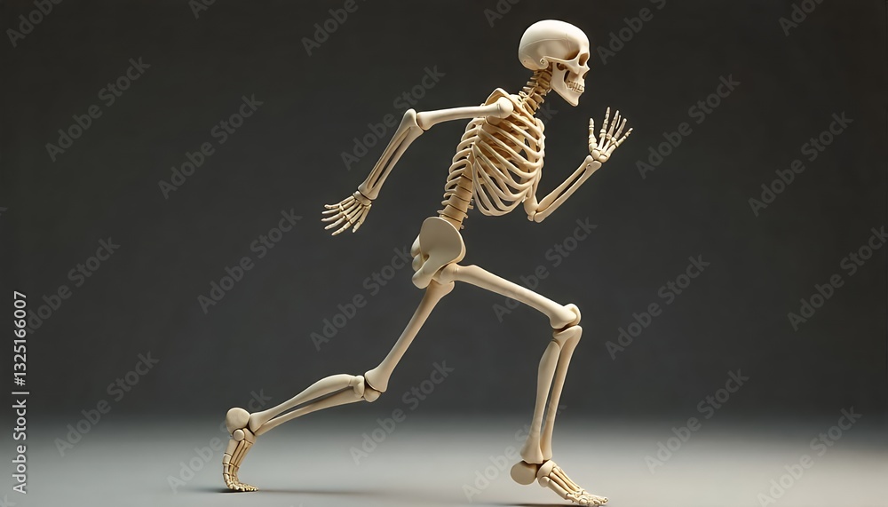 Running Skeleton 3D Render: Detailed Anatomical Figure in Motion Against Gray Background Running Skeleton 3D Render: Detailed Anatomical Figure in Motion Against Gray Background