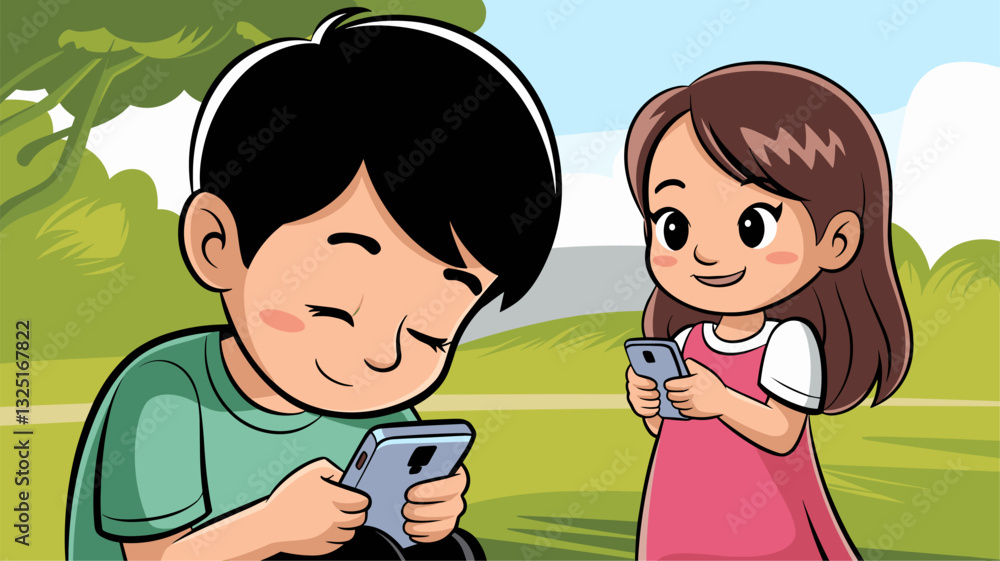 A colorful illustration of two children happily using their smartphones in a park. Perfect for themes of technology, childhood, and outdoor play. A colorful illustration of two children happily using their smartphones in a park. Perfect for themes of technology, childhood, and outdoor play.