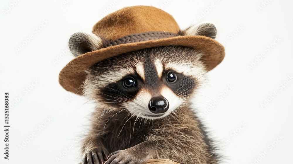 Obraz premium Cute raccoon in a hat on a white background, isolated