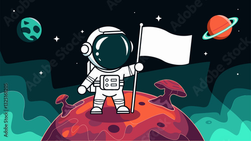 A whimsical illustration of an astronaut holding a blank flag on a vibrant alien landscape, surrounded by planets and colorful mushroom-like formations.