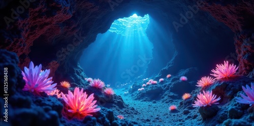 Glowing crystals illuminate bioluminescent marine life within a vibrant underwater cave , ocean, grotto