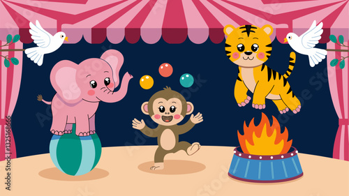 Join the excitement with a lively circus scene featuring a juggling monkey, a balancing elephant on a ball, and a playful tiger. Ideal for children's entertainment and educational materials.