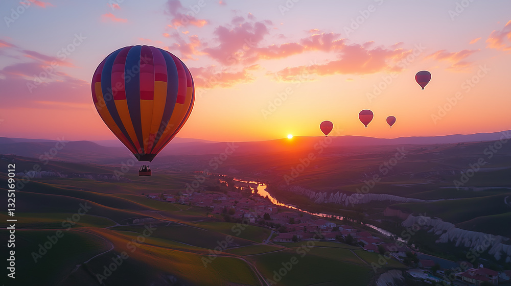 Obraz premium Colorful hot air balloons drift in the sky during sunset over the serene landscape of rolling hills and a winding river
