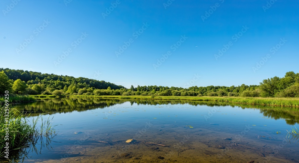 Obraz premium Tranquil lake reflected under clear blue sky surrounded by lush green forest in serene landscape