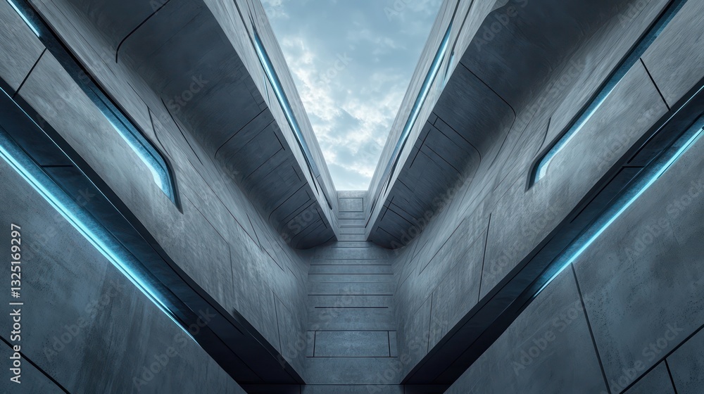 A sleek, modern building with walls of ash gray concrete, shaped symmetrically with abstract designs A sleek, modern building with walls of ash gray concrete, shaped symmetrically with abstract designs
