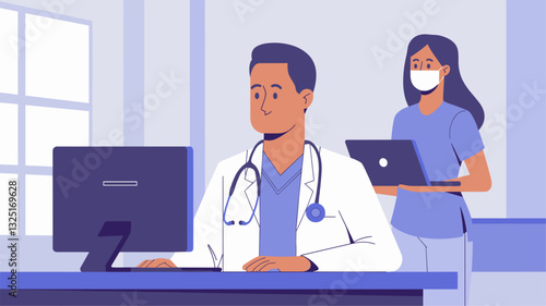 A digital illustration of a male doctor seated at a computer and a female nurse or assistant in the background, promoting teamwork in a healthcare setting.