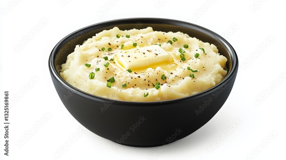 Creamy Mashed Potatoes with Butter and Chives in a Black Bowl - Perfect for Culinary Presentations Creamy Mashed Potatoes with Butter and Chives in a Black Bowl - Perfect for Culinary Presentations