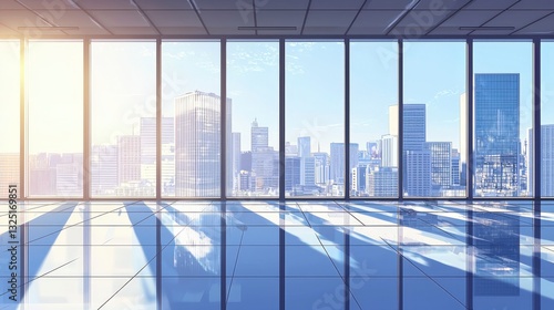 A bright modern office overlooking a vibrant cityscape