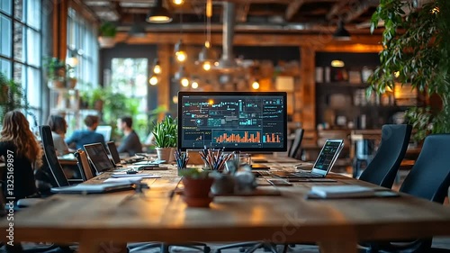 Wallpaper Mural Modern office workspace with data analytics on screen, surrounded by plants and people collaborating Torontodigital.ca