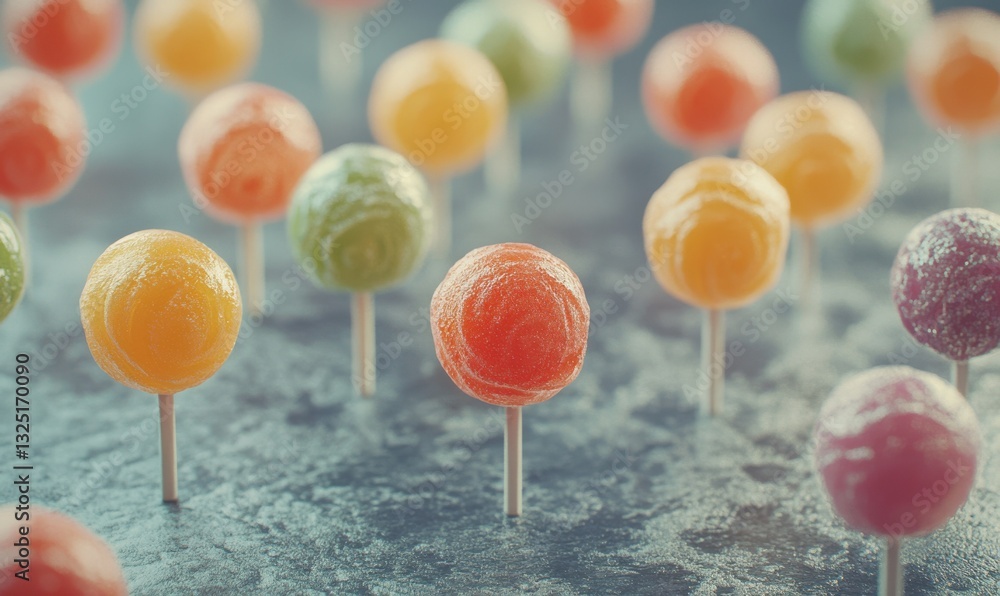 Close-up of colorful lollipops arranged on a gray textured surface illuminated by soft natural light emphasizing their vibrant and playful design Close-up of colorful lollipops arranged on a gray textured surface illuminated by soft natural light emphasizing their vibrant and playful design