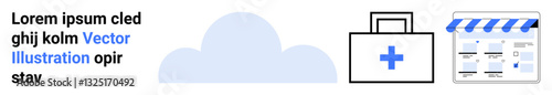 Cloud symbol, medical kit with blue cross, and online storefront with text. Ideal for cloud storage, healthcare, digital services, e-commerce, online business, technology and data management