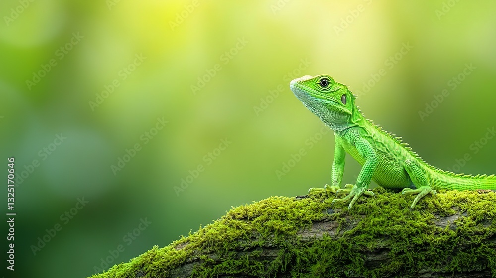 Fototapeta premium A vibrant green lizard perched atop a mossy tree branch