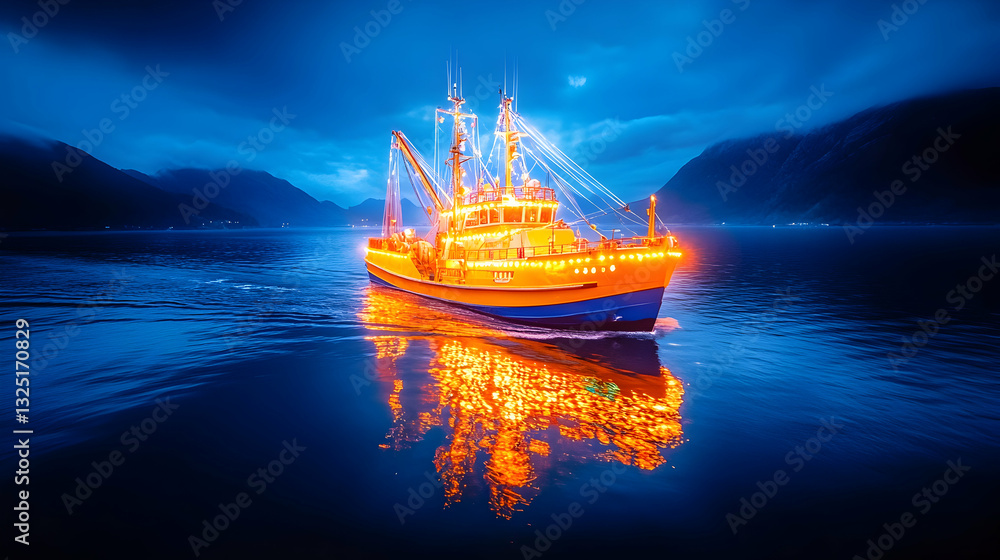 Obraz premium Illuminated fishing vessel at night