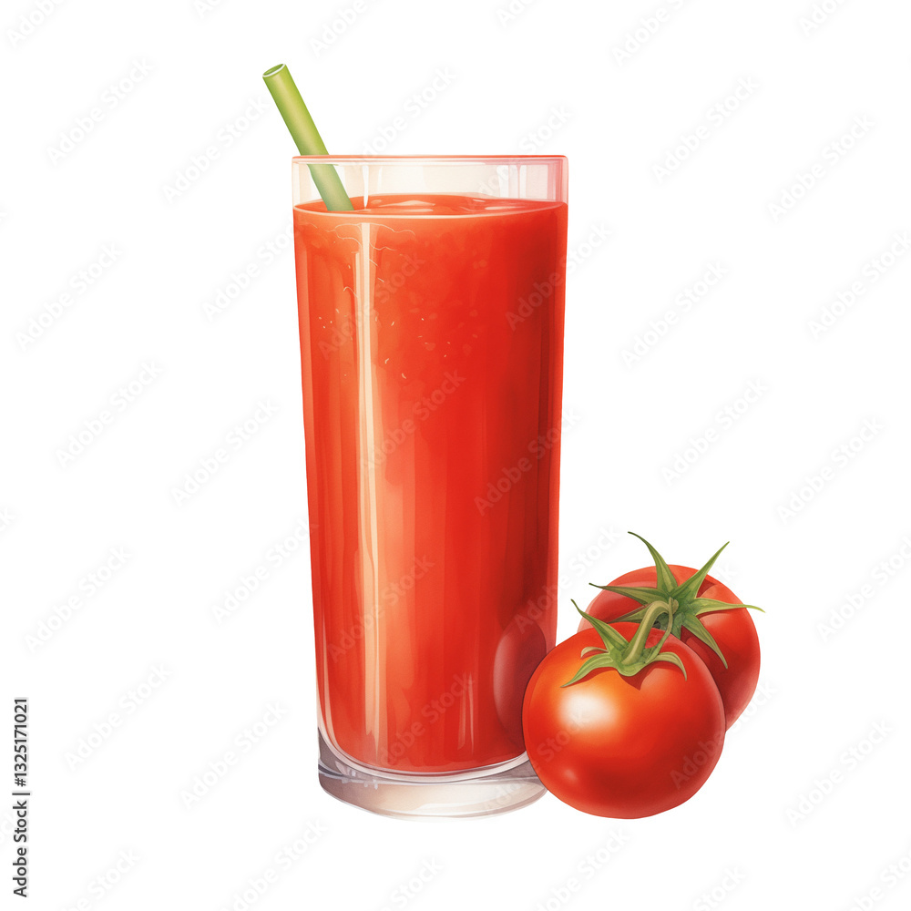 Watercolor Isolated Tomato Juice in a Tall Glass with Green Plastic Straw Watercolor Isolated Tomato Juice in a Tall Glass with Green Plastic Straw