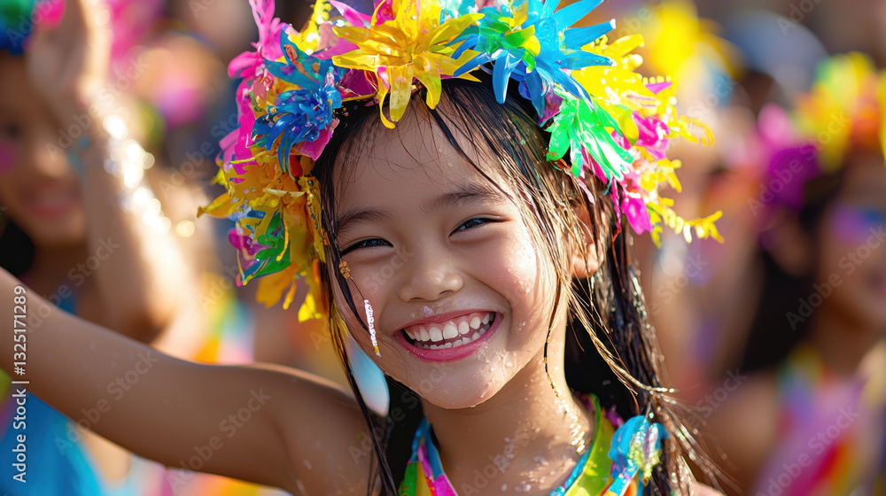 Joyful girl in colorful costume celebrating Songkran Festival, smiling brightly with floral headpiece and vibrant attire