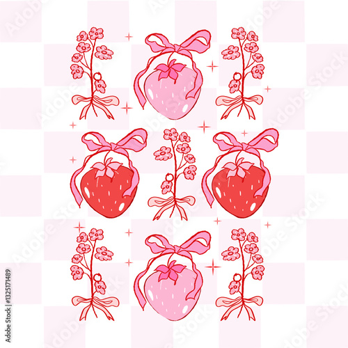 Retro Strawberry with Bow Coquette Clipart Set: Y2K Aesthetic, Bows, Vintage 2000s Nostalgia, Pastel Pink, Whimsical Y2K Coquette Strawberry with Bow Clipart: Retro Aesthetic