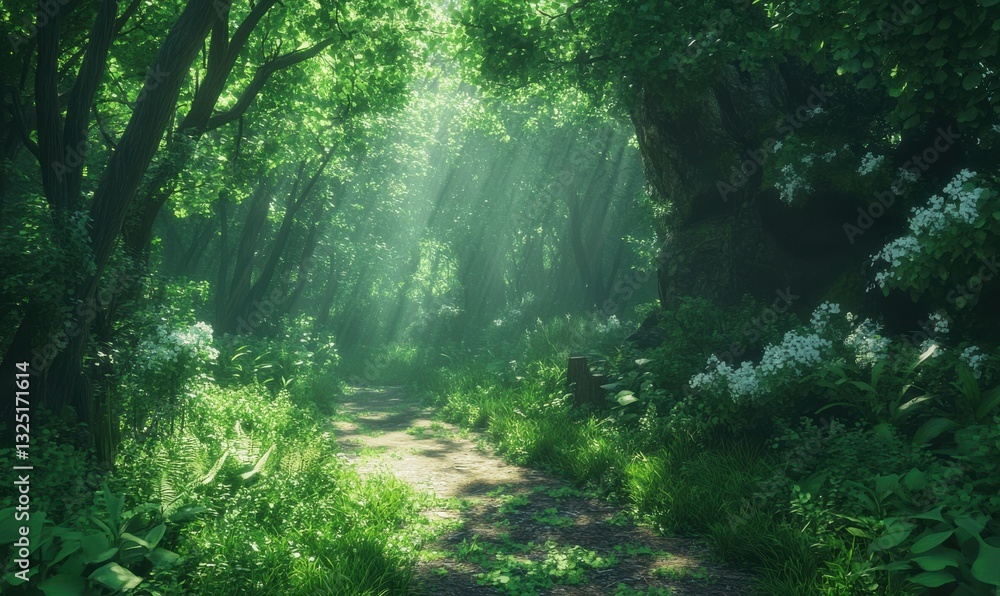 Obraz premium Scenic forest path illuminated by dappled sunlight filtering through dense greenery, creating a peaceful and natural ambiance