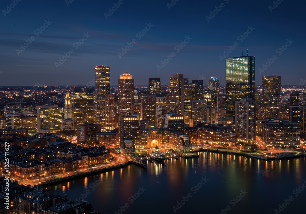 Fototapeta premium Stunning nighttime cityscape of boston skyline reflecting over harbor waters
