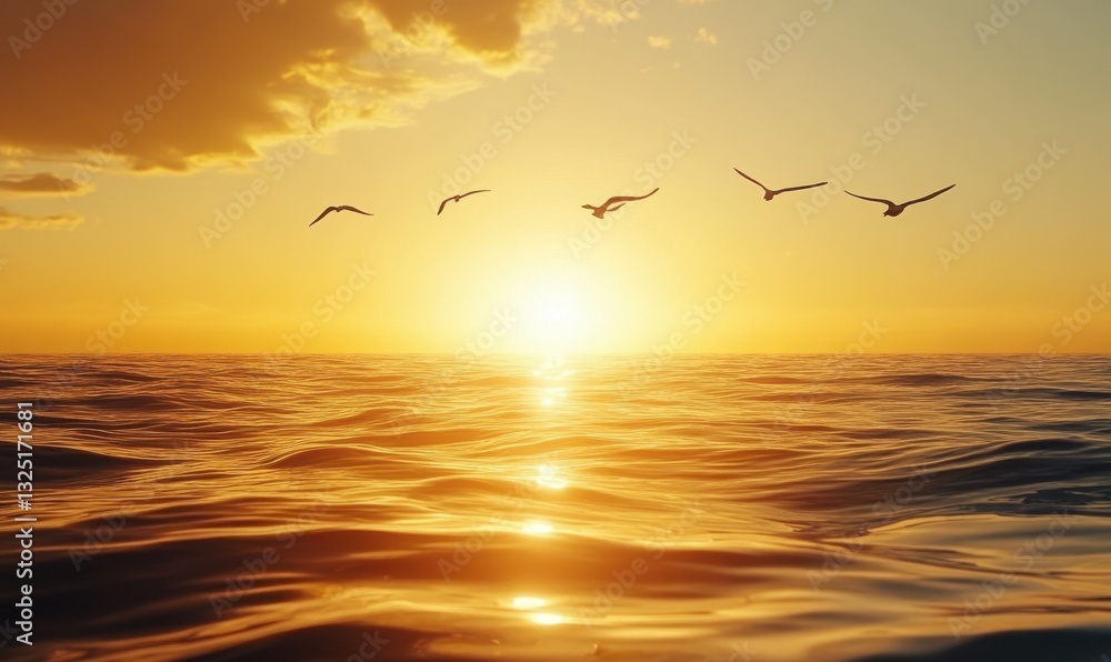 Naklejka premium Scenic ocean horizon with golden sunlight reflecting on calm waves, silhouetted by a flock of birds flying gracefully in the distance