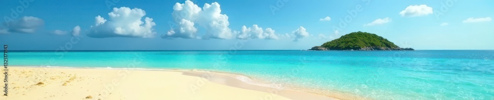 Golden sand, clear blue sea, distant green island silhouette, caribbean, beautiful Golden sand, clear blue sea, distant green island silhouette, caribbean, beautiful