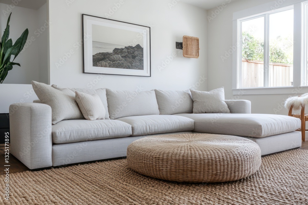 A simple, stylish living room featuring a large light gray sofa, a low-profile coffee table, and a woven area rug A simple, stylish living room featuring a large light gray sofa, a low-profile coffee table, and a woven area rug