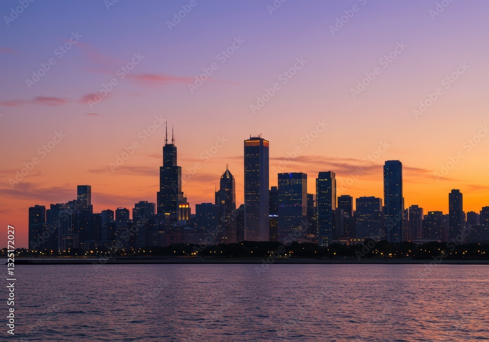 Obraz premium Chicago skyline at dusk with illuminated skyscrapers reflecting in lake michigan