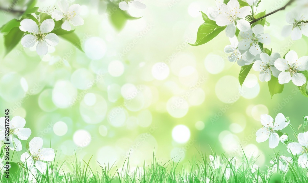 White cherry tree blossom flowers blooming in spring against a natural sunny blurred garden and green grass background of pale green and white bokeh. White cherry tree blossom flowers blooming in spring against a natural sunny blurred garden and green grass background of pale green and white bokeh.