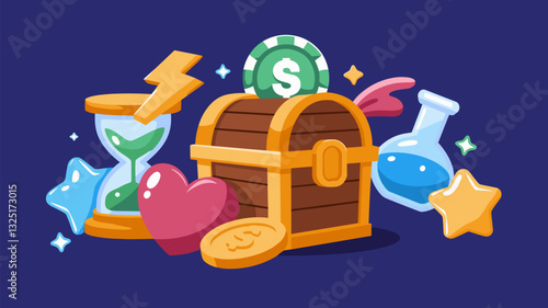 Explore a whimsical treasure chest filled with vibrant symbols of adventure, including potions, an hourglass, and a dollar chip.