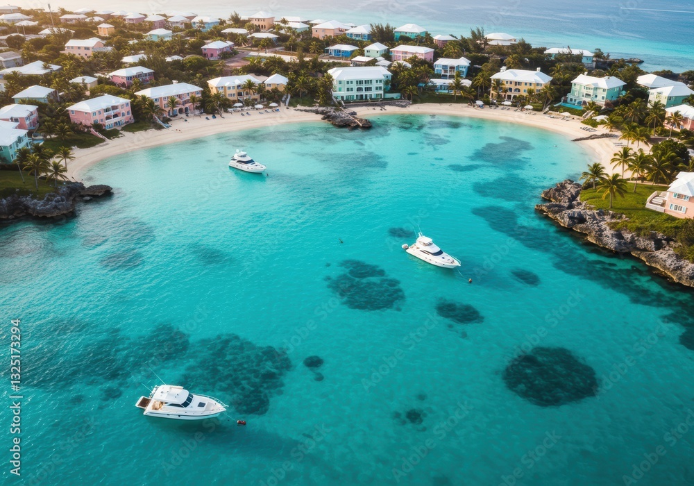 Fototapeta premium Scenic tropical beachside village with vibrant houses and yachts in crystal clear blue bay