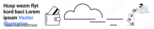 Wallet with cards, cloud symbol, and person arranging blockchain blocks. Ideal for fintech, digital wallets, cloud security, blockchain technology, data encryption online transactions. Landing page
