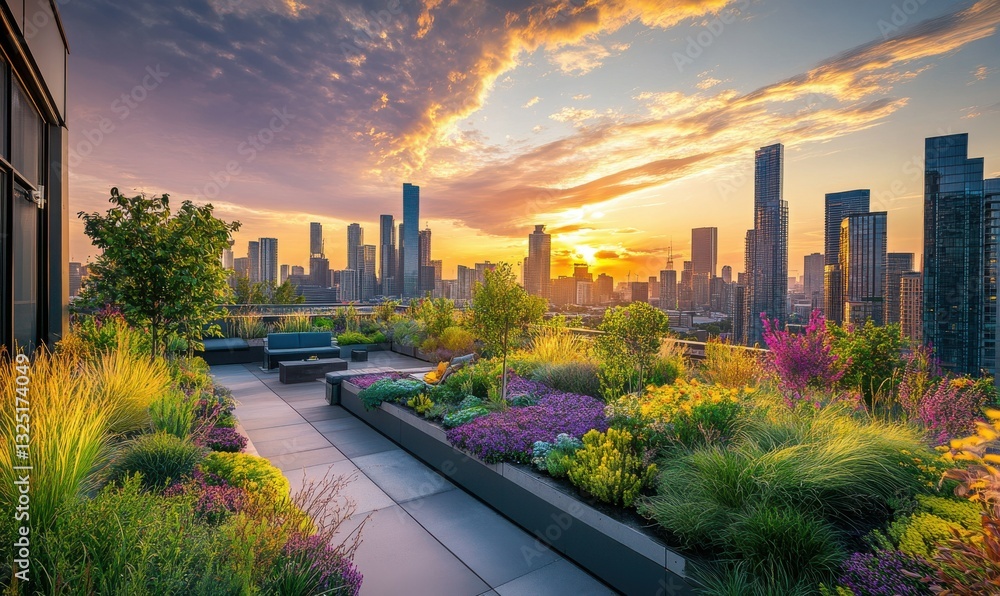 Fototapeta premium Vibrant rooftop garden overlooking a city skyline at sunset.