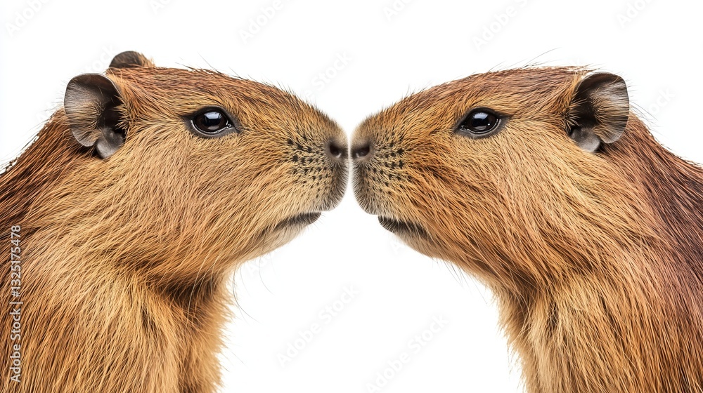 Fototapeta premium Cute capybaras kissing with their noses on a white background, isolate
