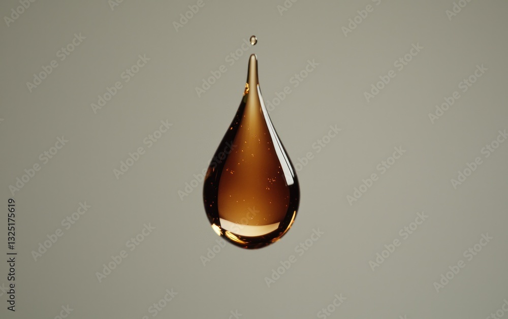 Fototapeta premium A single, amber-colored drop of liquid hangs suspended against a neutral gray background. The drop is teardrop-shaped, with highlights reflecting light. The image is simple and clean, with a focus on